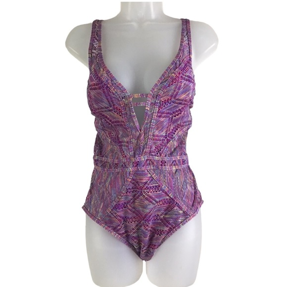 becca Mosaic Berry Crochet Plunge One-Piece Swimsuit Size Large - Picture 10 of 16